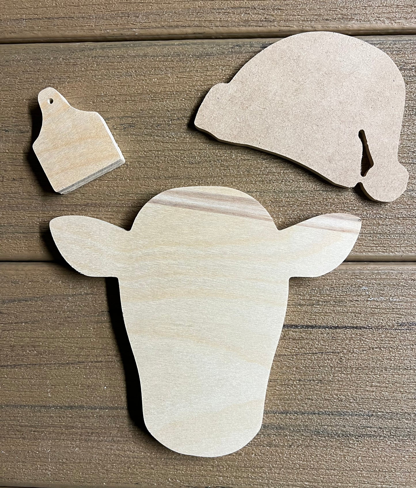 6'' Christmas Cow, Tag and Santa Hat Wood Cut Out